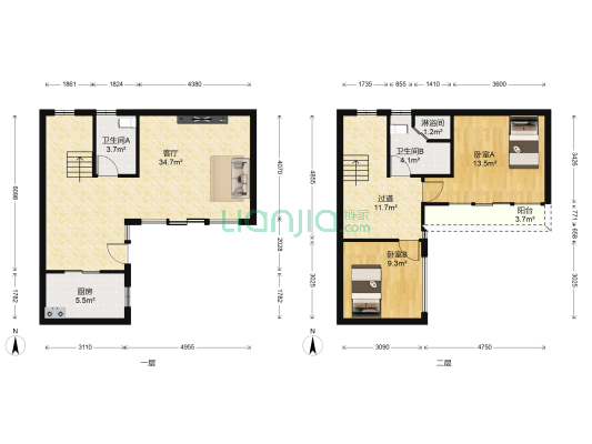 龙湖小院青城 2室1厅3卫 83平方