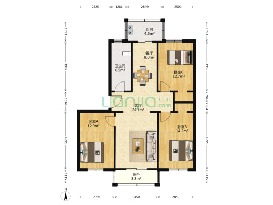 亨通花园东区南里 3室2厅1卫 130平方