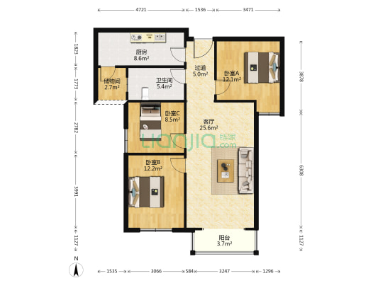 北辰三角洲奥城E4区 3室1厅1卫 107平方