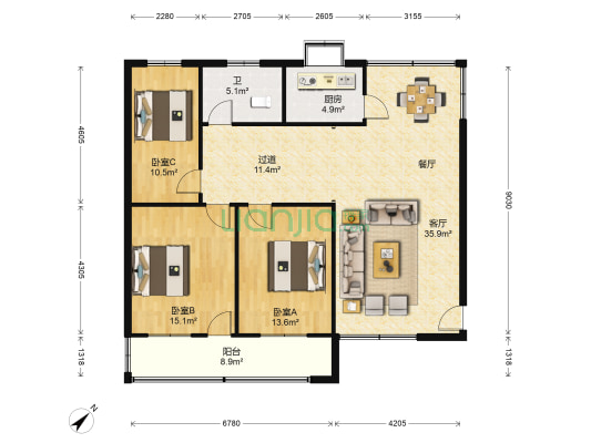襄阳高新区南湖家属院 3室1厅1卫 128平方