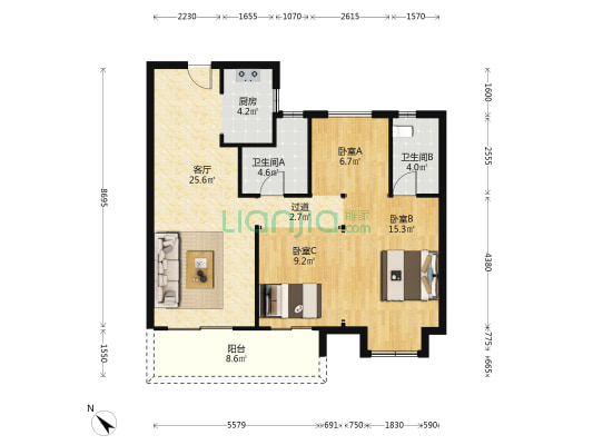 中国铁建知语1901 3室1厅2卫 107平方