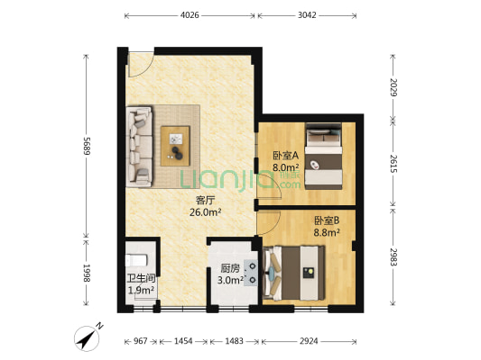 明海花园 2室1厅1卫 60平方