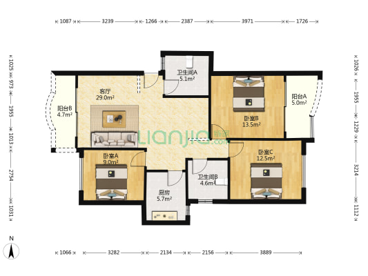 家和园 3室1厅2卫 102平方