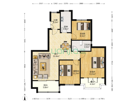 恒大林溪郡 2室1厅1卫 119平方