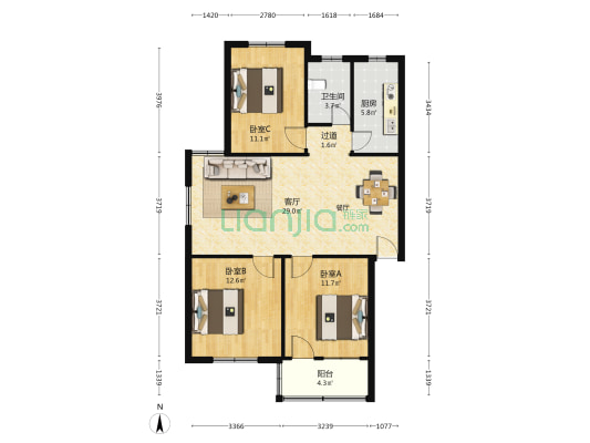黄河花园十五地块 3室1厅1卫 99平方