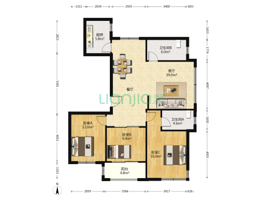 海信都市果岭 3室1厅2卫 140平方
