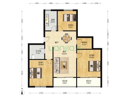 文三路402号院 3室1厅1卫 115平方