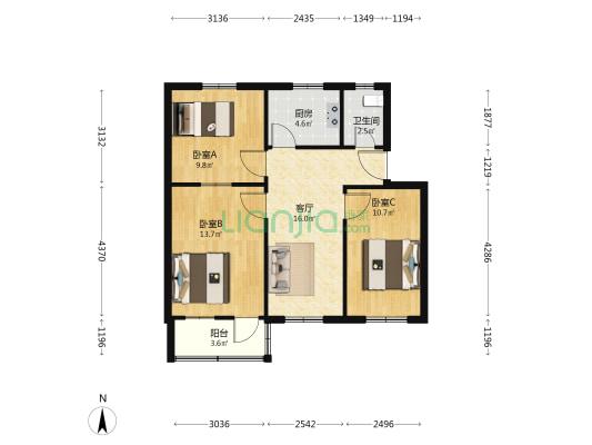 军休家园 3室1厅1卫 74平方