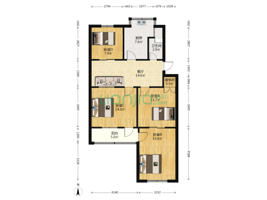 职工路5号院 4室1厅1卫 91平方