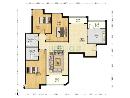 开发区 御景园南北通透大3居 自住装修标准 高楼层-户型图