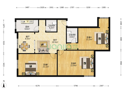新民街285号 3室2厅2卫 130平方