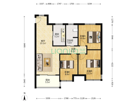 金大地禧悦公馆 3室1厅1卫 103平方