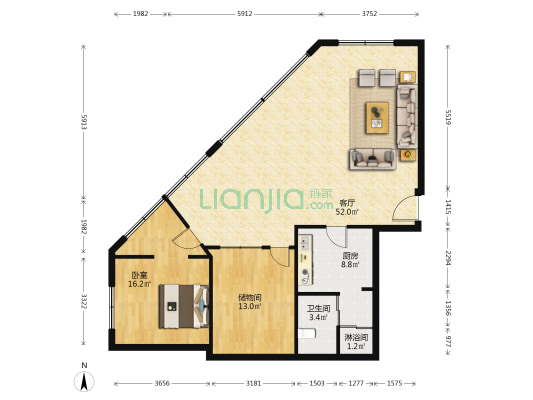宁安大厦 1室1厅2卫 136平方