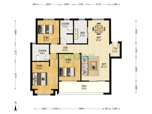 绿地新里城兰亭公馆 3室2厅2卫 115平方