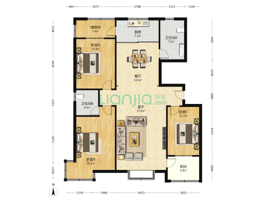 兴泰花园 3室2厅2卫 164平方