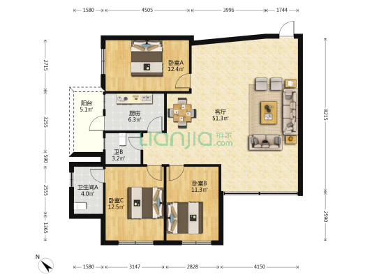 兴峰花园 3室1厅2卫 119平方