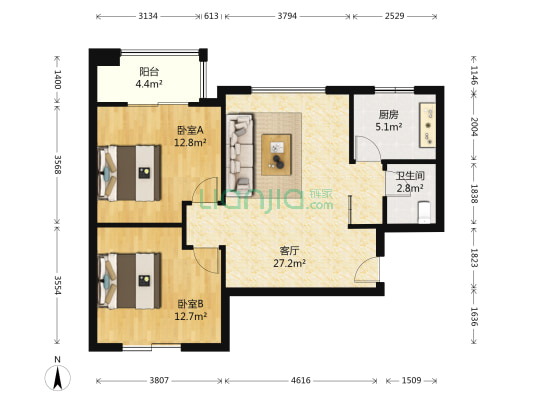 长安易居 2室1厅1卫 77平方