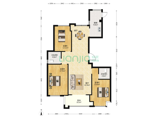 福清万达广场B1区 3室1厅2卫 136平方