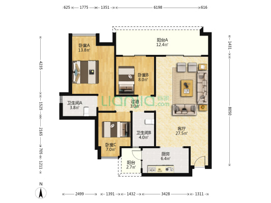 港航华庭 3室1厅2卫 111平方