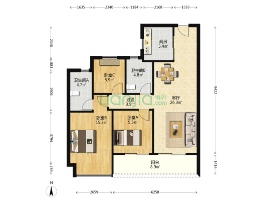 月映星语园 3室1厅2卫 106平方