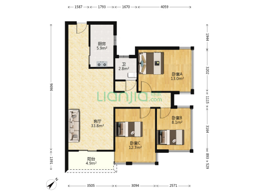 中海九玺 3室1厅1卫 89平方