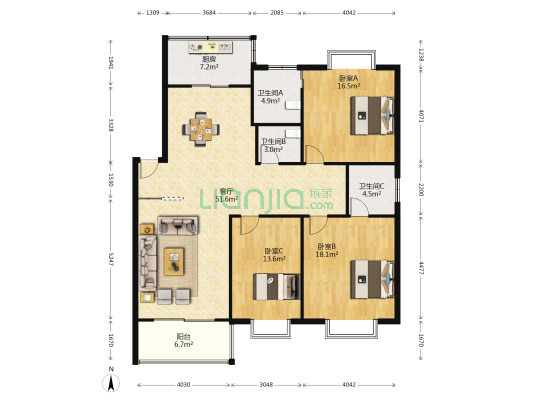 康宁苑 3室1厅3卫 144平方
