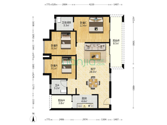兴唐府 3室1厅2卫 104平方