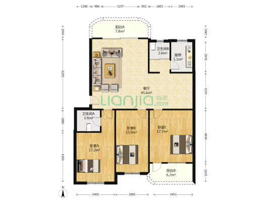 沧龙花园 3室1厅2卫 136平方