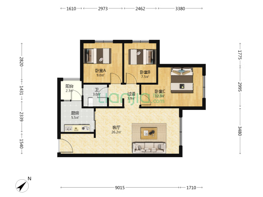 旭辉天府未来城二期 3室1厅1卫 86平方