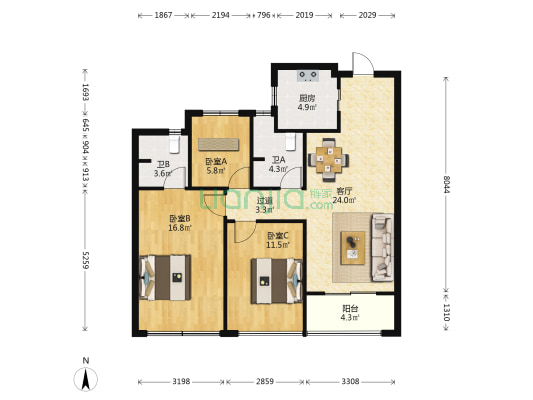 滨耀城 3室1厅2卫 96平方