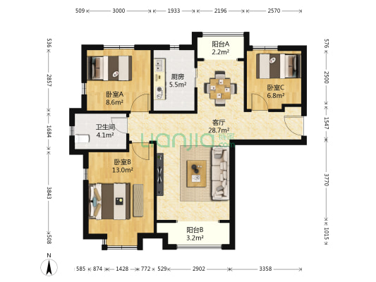 天津海航城 3室1厅1卫 105平方