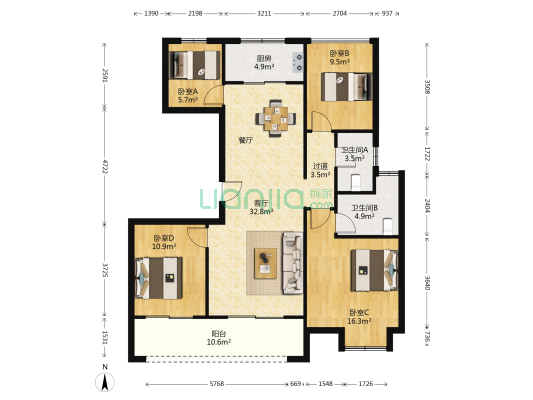 润泽园三期 4室1厅2卫 130平方