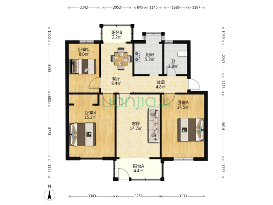 黄河北街8号院 3室2厅1卫 95平方