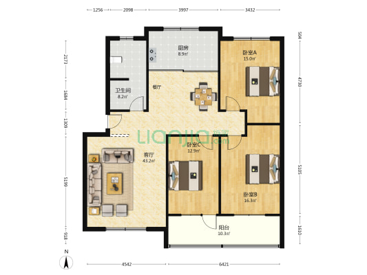 铁路汇河花园 3室1厅1卫 140平方