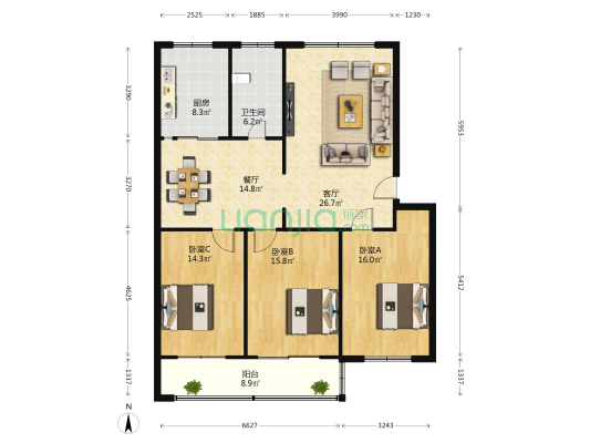 建行生活小区 3室2厅1卫 132平方