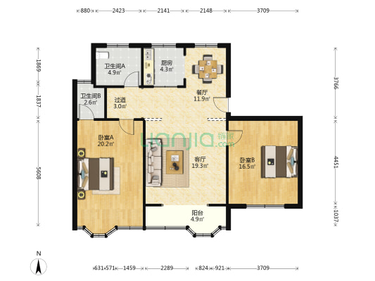 七六大道55号 2室2厅2卫 108平方