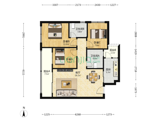 中梁星海悦 3室1厅2卫 89平方