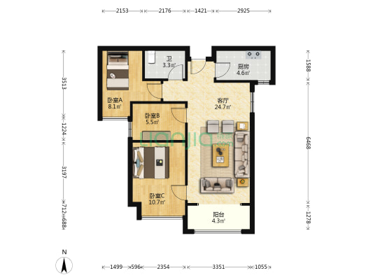 阳光城8号院东院 3室1厅1卫 89平方