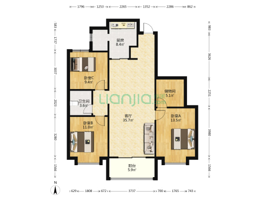 富力天禧城B区 3室1厅1卫 126平方