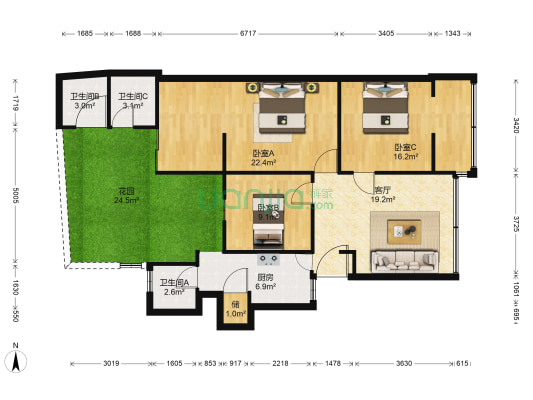 市燃料建材总公司宿舍 3室1厅3卫 95平方