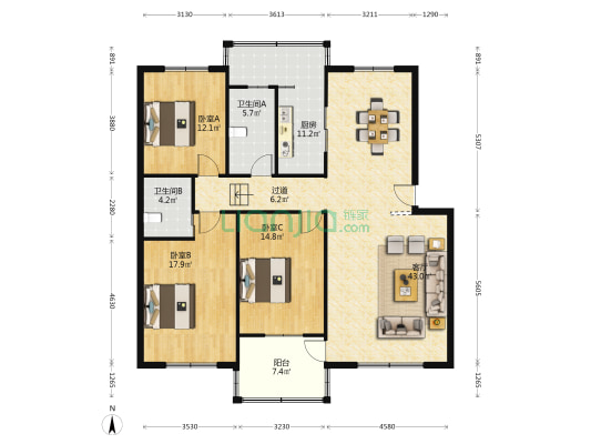 广苑小区 3室1厅2卫 146平方