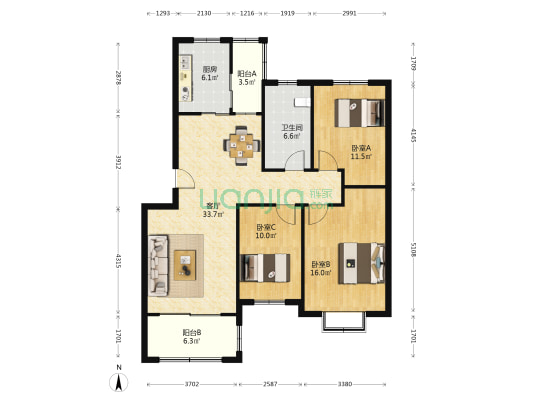 海韵嘉园 3室1厅1卫 111平方