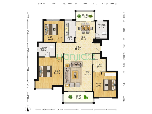 桂花城 3室2厅2卫 137平方
