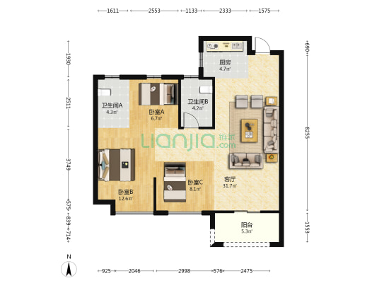名城映江 3室1厅2卫 99平方