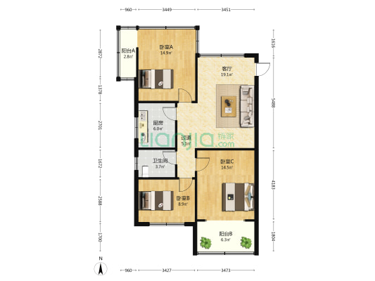 凤凰新村 3室1厅1卫 84平方