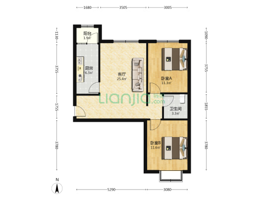 德信公园北侧，南北通透两居室 中间楼层 满二-户型图