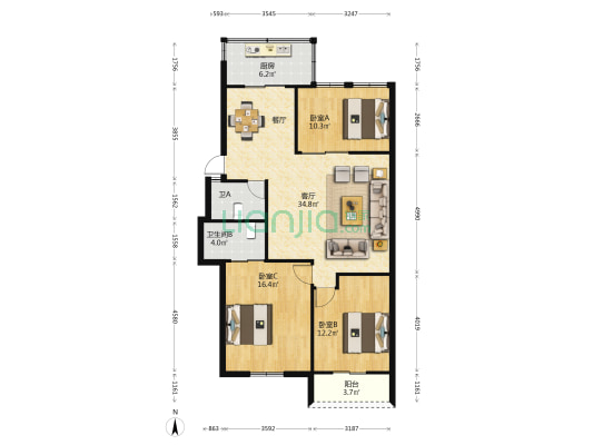 司法厅宿舍(大儒世家) 3室1厅2卫 100平方