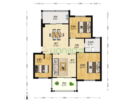 满庭芳 3室2厅1卫 97平方