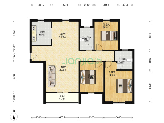 建业春天里(周口） 3室2厅2卫 133平方