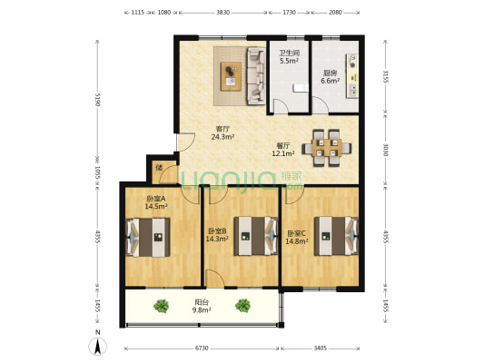 蒲行苑 3室2厅1卫 117平方